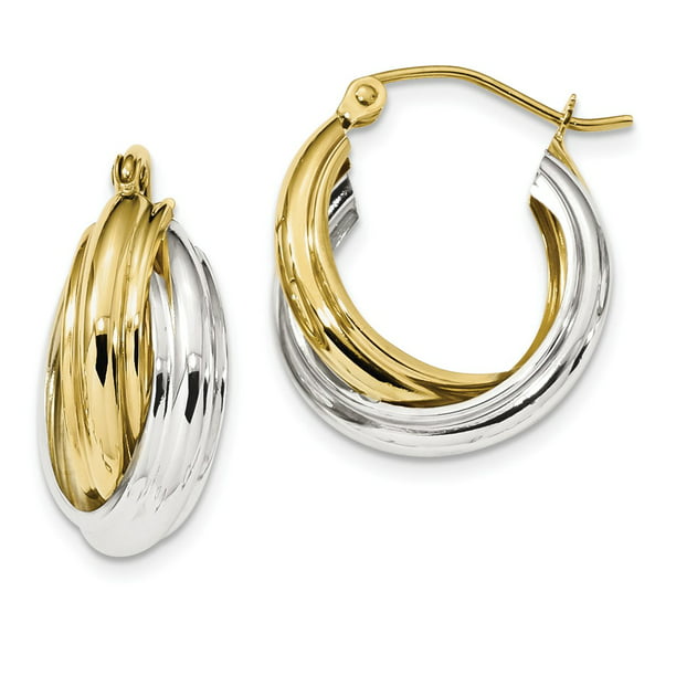 Solid 10k Gold Two-tone Diamond-Cut Hinged Hoop Earrings 16mm x 16mm 